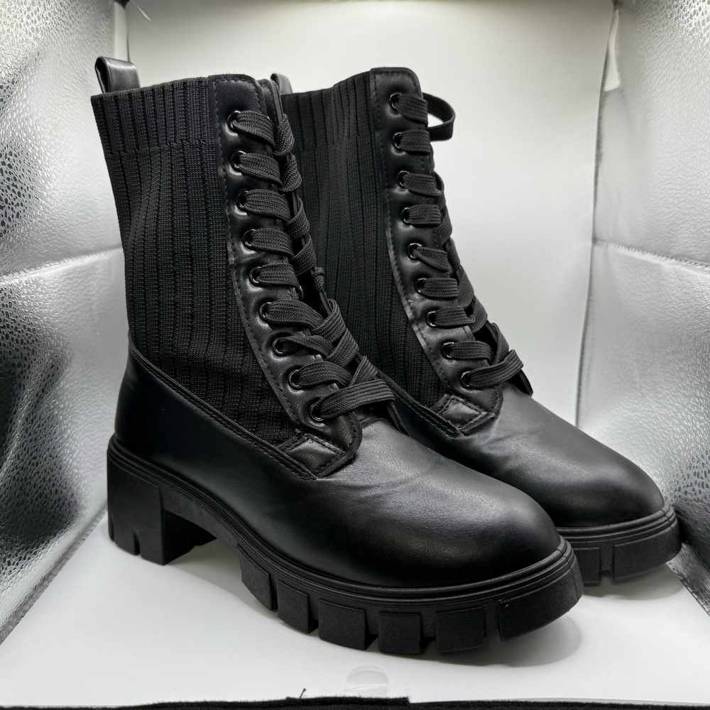 Top Moda‎ Black Combat Boots with Lace Up front and Rib Knit Sides Size 6.5